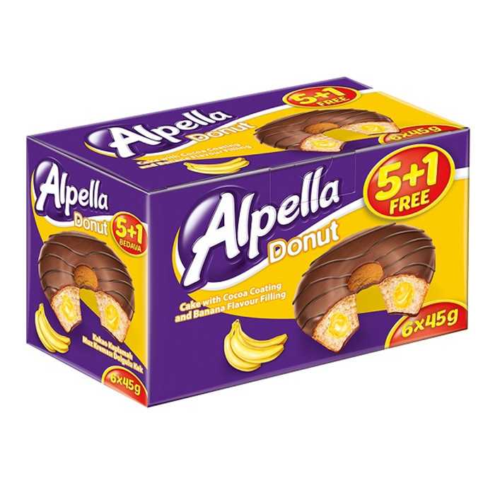 Alpella Donut bizcocho relleno de crema de plátano y cubierto de chocolate 6x45 gr