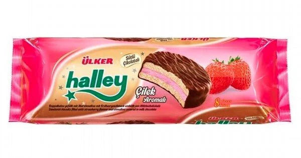 Ülker Halley galletas rellenas de malvavisco sabor a fresa y cubiertas de chocolate 240 gr